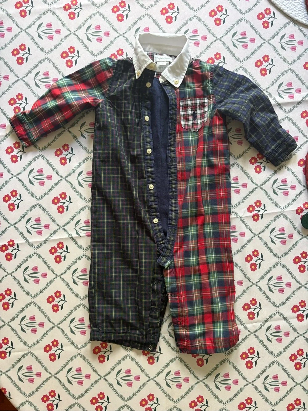 Ralph Lauren Plaid Button-Front One-Piece Shirt Romper - Red & Green